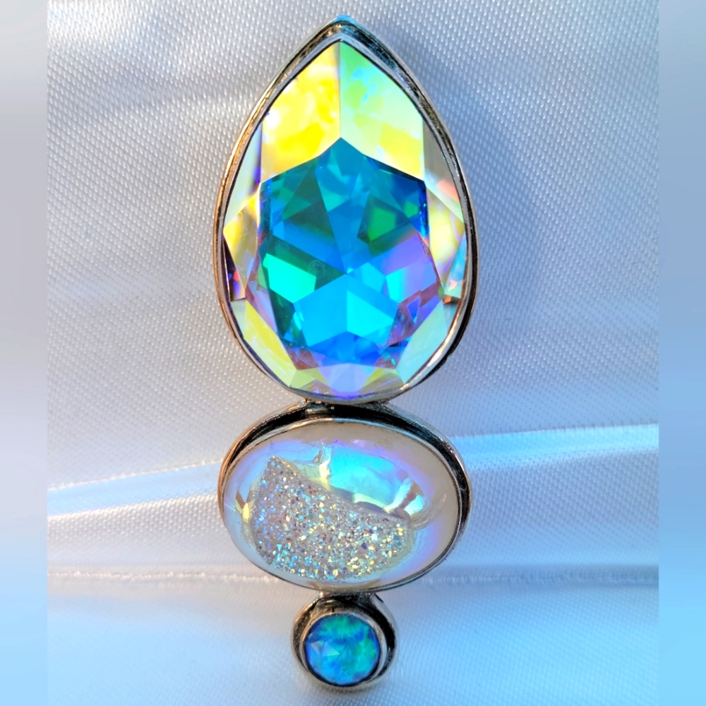 SAJEN sterling silver enhancer Aurora Borealis quartz, white druzy caribbean qua